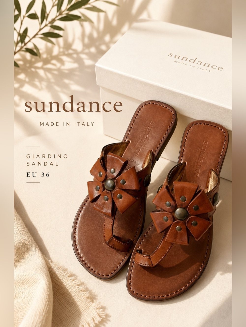 Sundance Giardino Leather Flower Sandals Brown Made in Italy Size EU 36